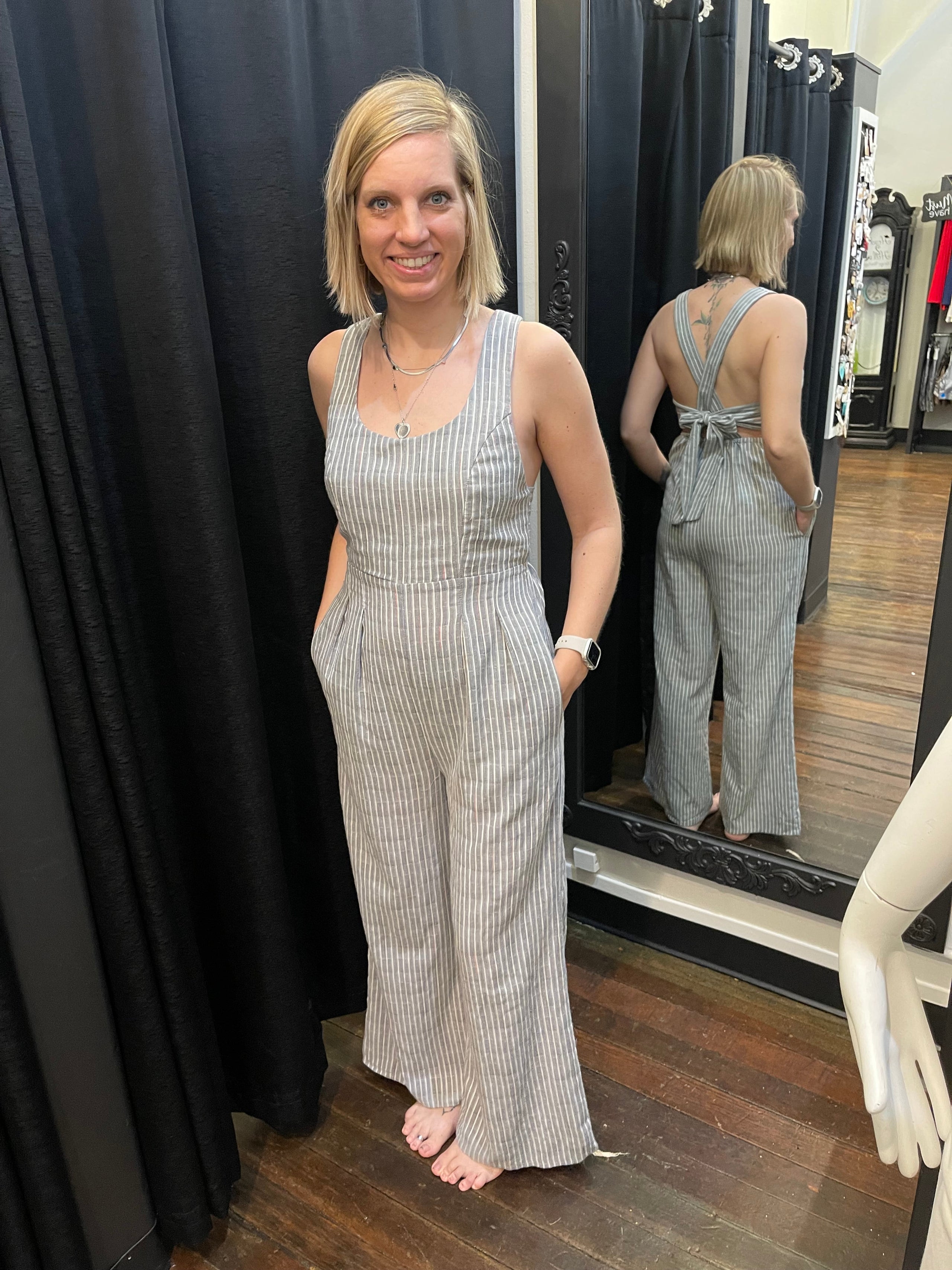 Grey striped jumpsuit on sale